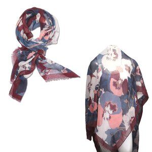 Pansy Floral Shawl Scarf Wrap Lightweight Fringe Semi-Sheer Flower Maroon Peach
